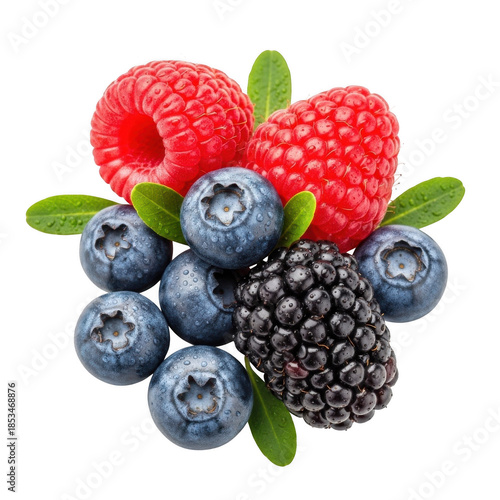 Assorted fresh berries including raspberries, blueberries, and a blackberry with leaves, forest fruits cut-out for healthy eating concepts.
