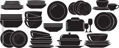 Black silhouettes of various dinnerware on white background