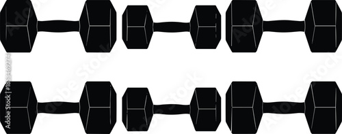 Vector Illustration Set of Black Dumbbell Silhouettes, Featuring Various Hexagonal Weights and Fitness Equipment Outlines for Gym Workout and Strength Training Design,