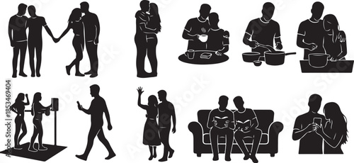 black silhouettes of people in various relationship and social situations
