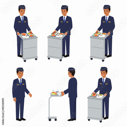 Set of male flight attendant illustrations serving in-flight meals using a catering cart, demonstrating professional airline service.
