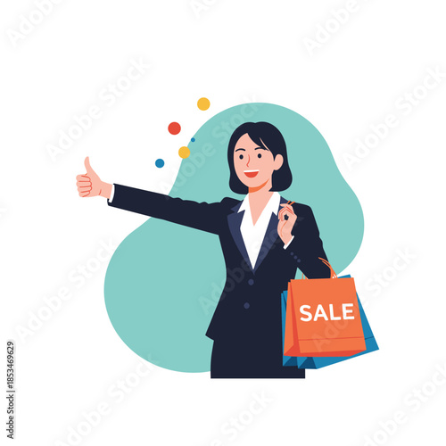 A satisfied businesswoman smiles and gives a thumbs-up while holding several shopping bags, one prominently featuring a \.