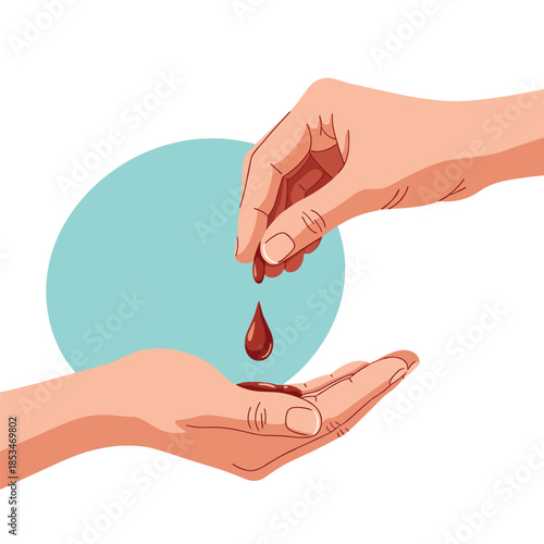 A hand gently drops a red liquid droplet into the open palm of another hand, symbolizing concepts like donation, care, and generosity.