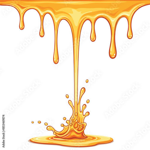 Sweet golden honey or viscous syrup drips and pours from above, creating an attractive splash and accumulating on a pristine white background.