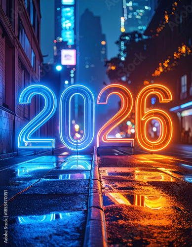 Neon 2026 Numbers Over Cyberpunk City Background