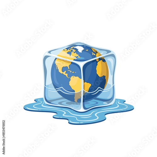 The planet Earth trapped inside a melting ice cube, symbolizing global warming and environmental challenges.
