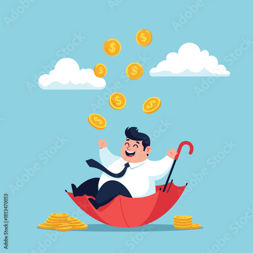 A happy businessman sits in an umbrella, collecting a shower of gold coins, symbolizing wealth, success, and good fortune.