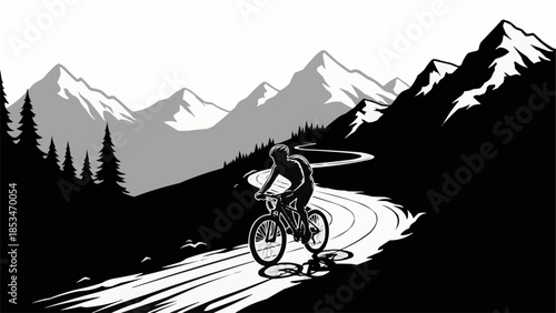 Mountain biker riding on a winding trail through a scenic landscape.