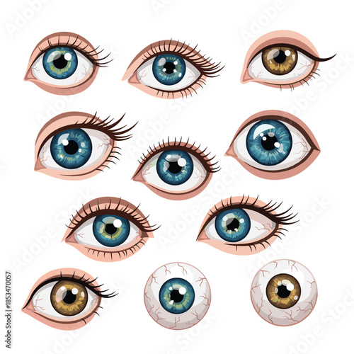 A diverse collection of stylized human eyes in various shapes, colors, and expressions, featuring blue and brown irises for artistic design.