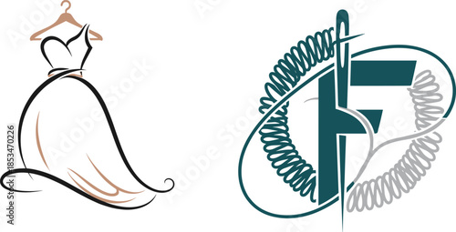 Fashion icons, dress illustration, sewing needle logo, black outline, tailoring symbol, apparel branding, design concept, elegant style badge