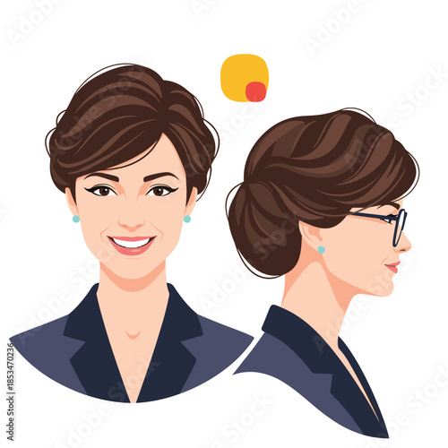 Smiling professional woman in a blazer, depicted in front and profile views showcasing short hair and an updo with glasses.