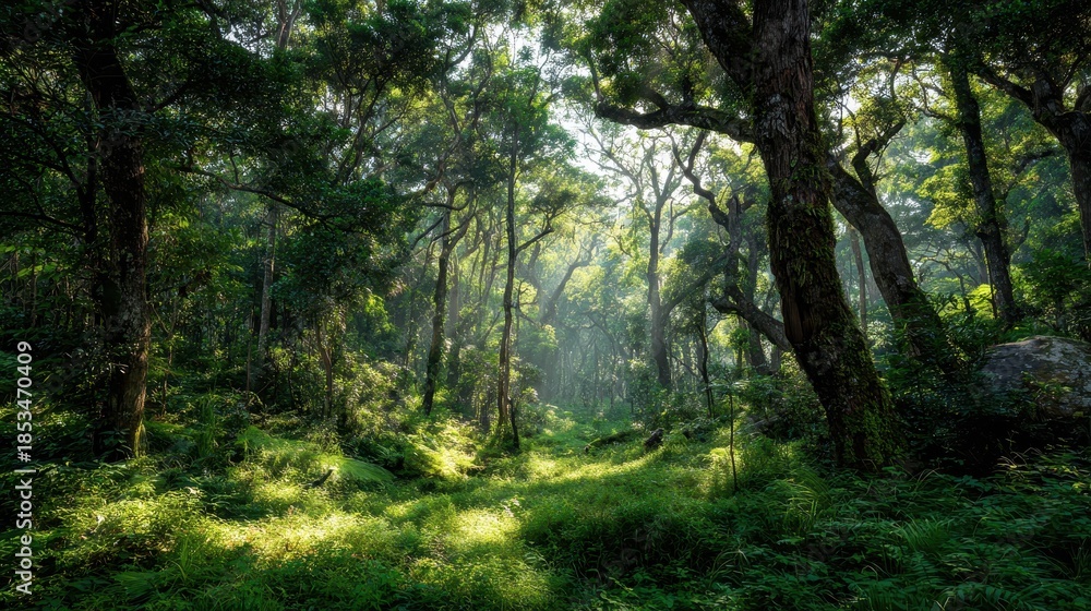 Obraz premium Sunbeams streaming through the lush canopy of a dense green forest with ferns