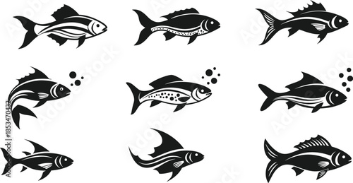 Fish silhouette icons, aquatic design, stylized marine life, black illustration, underwater emblem, decorative pattern, ocean symbol, artistic concept