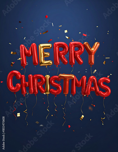 Merry Christmas Text Made of Red and Gold Balloons with Confetti