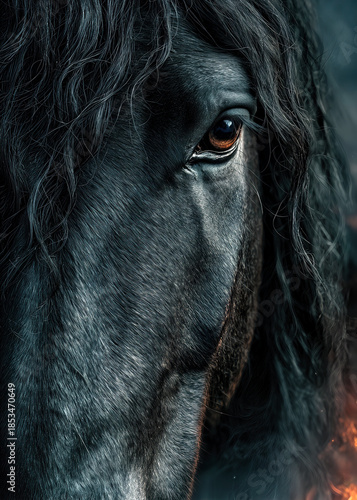 A captivating black horse with long, flowing mane stands in an ethereal twilight setting. Its dark eyes convey a sense of depth and wisdom, surrounded by a hint of mystique.