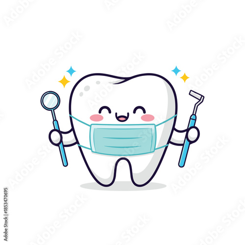 A cheerful cartoon tooth wearing a face mask and holding dental tools, symbolizing oral hygiene and professional care.