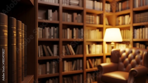 Cozy library corner with a leather armchair and warm lamp light illuminating bookshelves filled with old books
