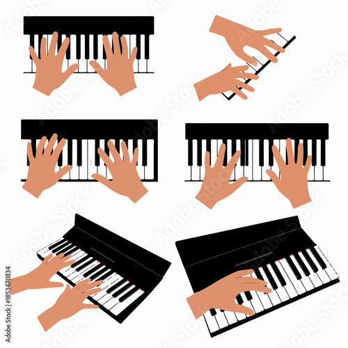 Various views of hands playing a piano keyboard, flat vector illustration set for musical education, performance, and talent.
