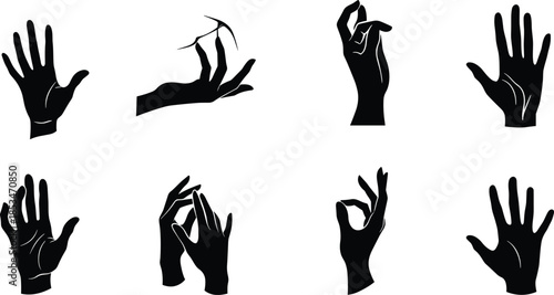 Hand gesture icons, expressive silhouette, palm pose, OK sign, interaction design, black illustration, anatomy emblem, communication concept, motion art