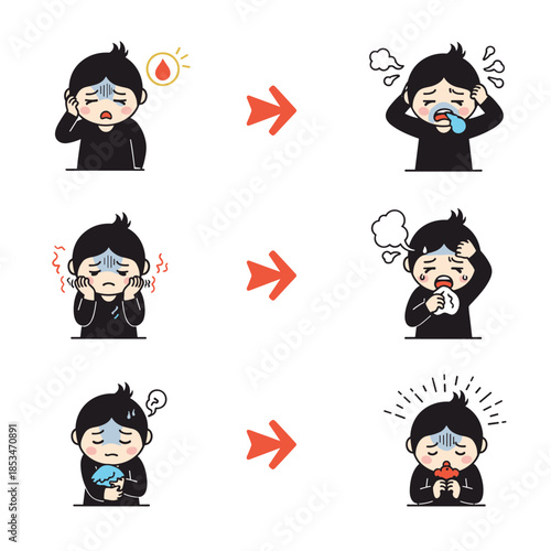 Illustrations depicting a person experiencing various illness symptoms and their progression, including headaches, colds, fevers, and stomachaches.