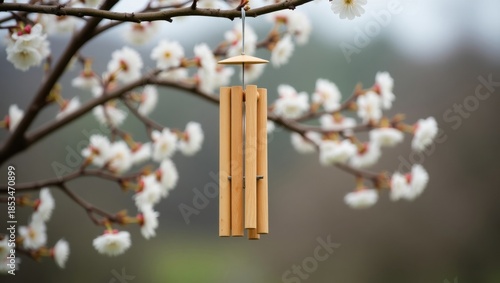Bamboo wind chime hanging on blossoming tree