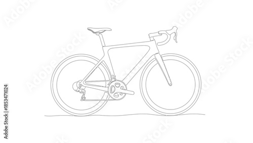 A minimalist line drawing of a modern road bicycle, showcasing its sleek frame, wheels, and components.