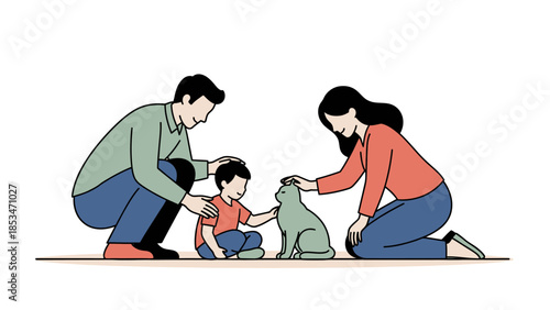 A loving family, including parents and a child, are shown petting a cat, symbolizing warmth and companionship.