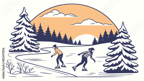 Scenic winter landscape with people gracefully ice skating at sunset