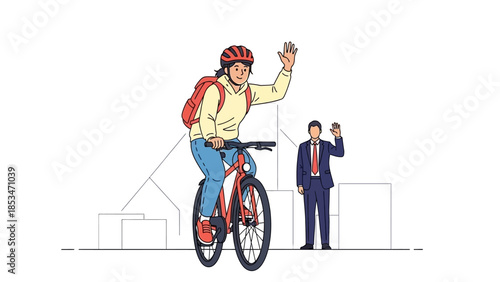 A person in a helmet and backpack rides a bicycle and waves, while a businessman in a suit waves in the background.
