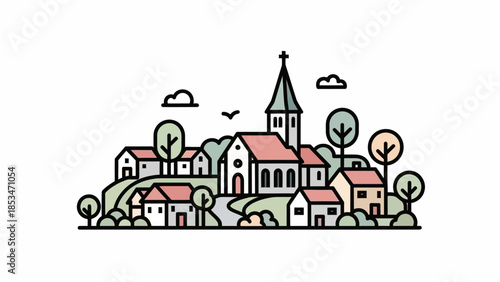 A charming, minimalist illustration of a quaint European village nestled on a gentle hill, featuring a prominent church steeple and various houses surrounded by trees and greenery.