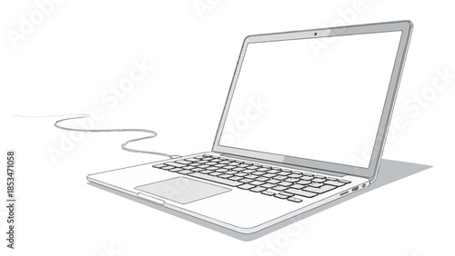 A minimalist sketch of a modern laptop computer with its charging cable plugged in, set against a plain white background.