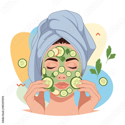 A woman with a soothing green face mask and cucumber slices on her face, enjoying a relaxing spa treatment or self-care routine.