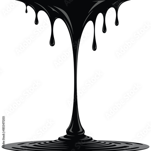 Black viscous liquid dripping from the top, forming a round puddle with concentric ripples on a clean white background.