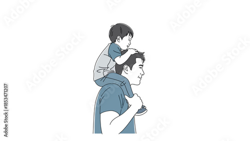 A father carries his young son on his shoulders, both looking forward with a sense of shared journey.