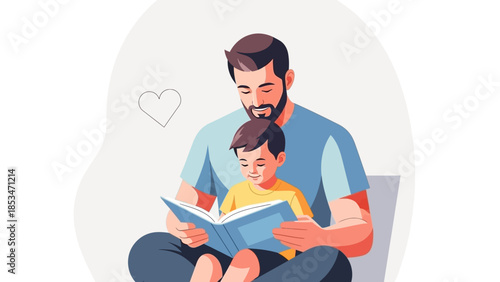 A father and son are sitting together reading a book, with a heart symbol in the background.