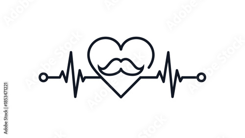 A minimalist black and white illustration of a heartbeat line with a heart and a mustache in the center.