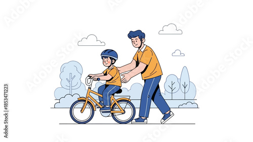 A father patiently teaches his young son how to ride a bicycle in a park with trees and clouds in the background.