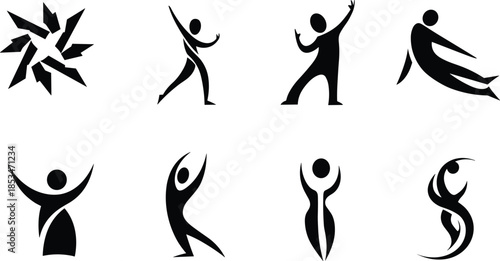 Human figure icons, abstract silhouette, expressive pose, dance motion, black illustration, artistic emblem, movement concept, body symbol, fluid form