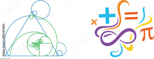 Math icons, golden ratio spiral, colorful symbol design, black illustration, science branding, equation concept, geometry badge, academic emblem