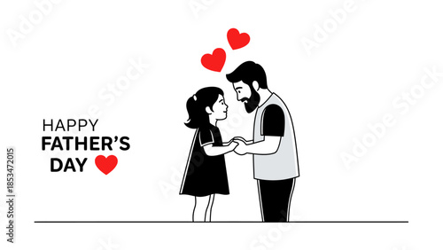 A heartwarming illustration of a father and daughter holding hands, with red hearts floating above them, celebrating Father's Day.