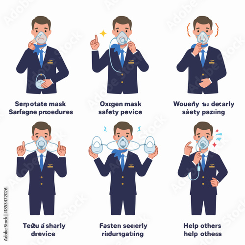 Oxygen Mask Safety Procedures Illustration for Flight Passengers.