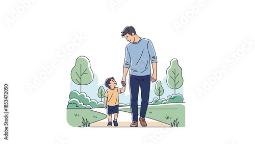 A father and his young son are walking hand-in-hand on a path through a park with trees and greenery.