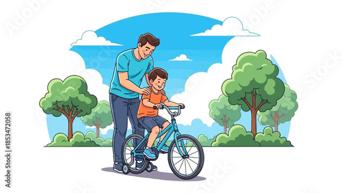 A father is teaching his son how to ride a bicycle in a park with trees and clouds in the background.
