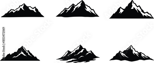 Mountain icon set, peak silhouette, rugged terrain, black illustration, nature emblem, landscape design, outdoor concept, alpine art, summit symbol