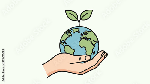 A hand gently cradles the Earth, symbolizing care and protection for our planet with a sprout growing from the top.