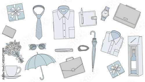 A collection of masculine accessories and gifts, including clothing, accessories, and presentation items.