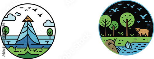 Nature landscape icons, mountain scene, forest wildlife, bear and beaver, river view, day and night, colorful illustration, ecosystem symbol