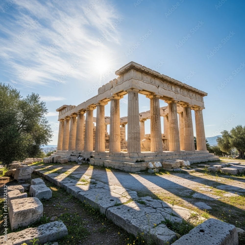 Fototapeta premium Sun-drenched ruins: Exploring the architectural marvel of an ancient greek temple