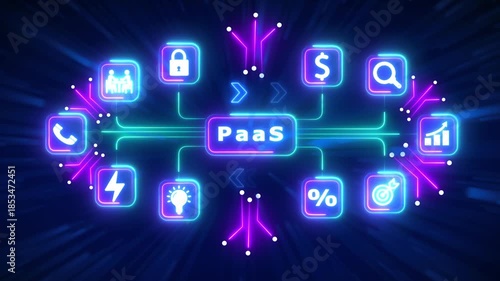 Paa S Concept with Connected Glowing Icons and Neon Network on Dark Blue Background PaaS platform as a service