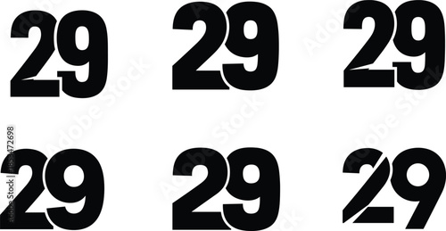 Number 29 icons, bold typography, stylized digits, graphic numeral design, black illustration, abstract font, numeric emblem, creative branding